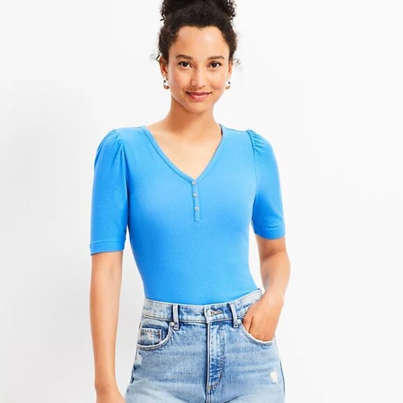 Ribbed Henley Tee, Size Small, Blue - Picture 1 of 1